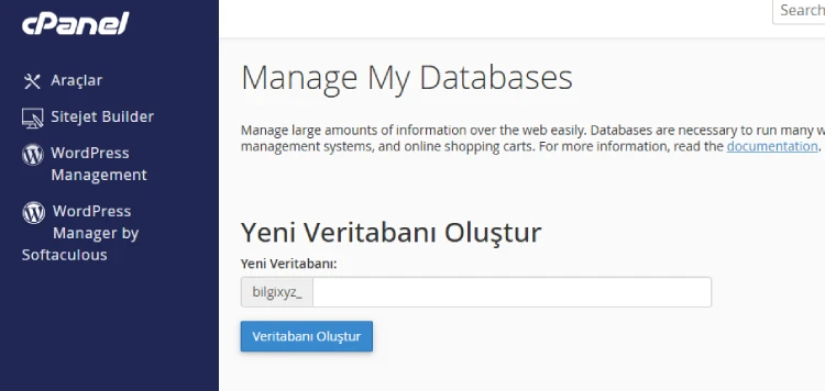 cpanelden veritabanı oluşturma